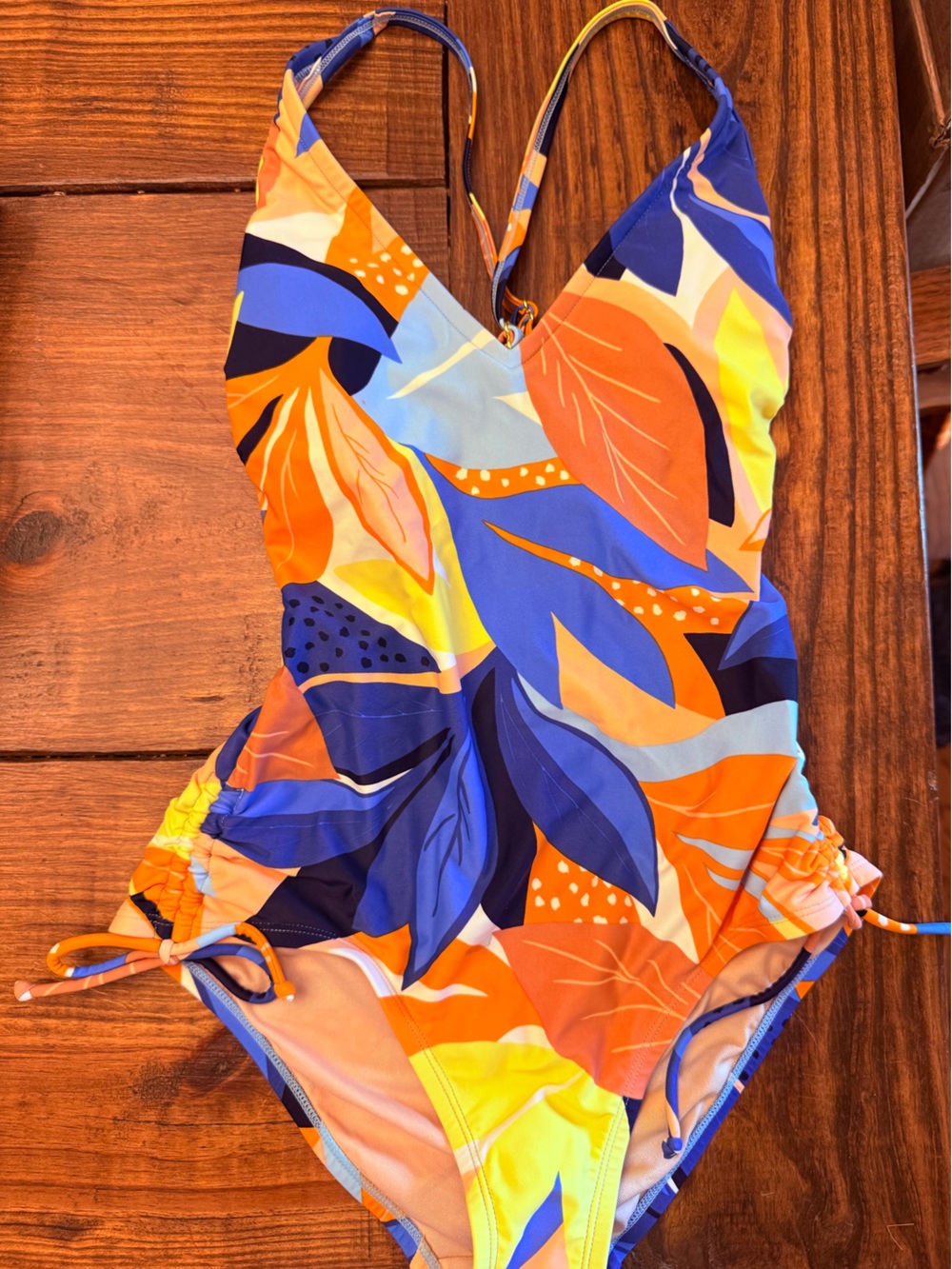 Target Woman Kona Sol S One-Piece Swimsuit in Blue, Orange & Yellow Leaf Print